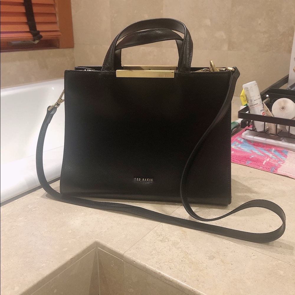 Ted Baker Black Leather Top-Handle Crossbody Bag with Gold Hardware